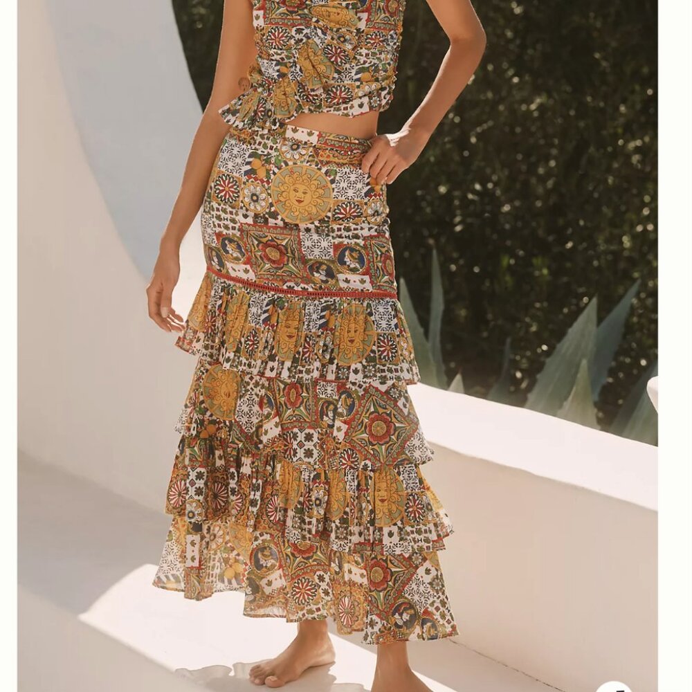 Anthropologie Ro's Garden Honduras Tiered Ruffle Maxi Skirt NEW Size Medium Boho - Picture 1 of 11